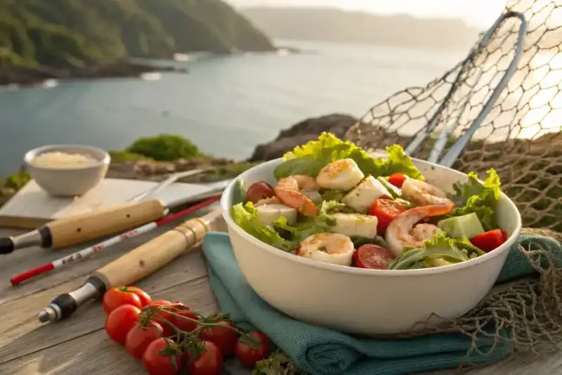 Fresh seafood salad with shrimp, scallops, and mixed greens