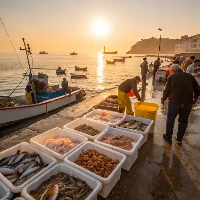 Fresh seafood market at sunset on the harbor waterfront.
