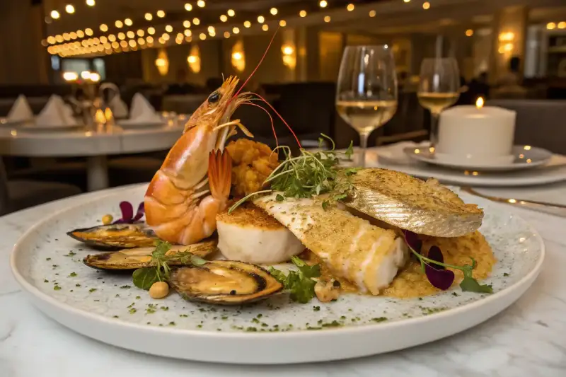A luxurious seafood platter with golden-hued shellfish and finfish, elegantly arranged on a marble plate, garnished with edible gold flakes and microgreens, set in an upscale fine-dining restaurant.