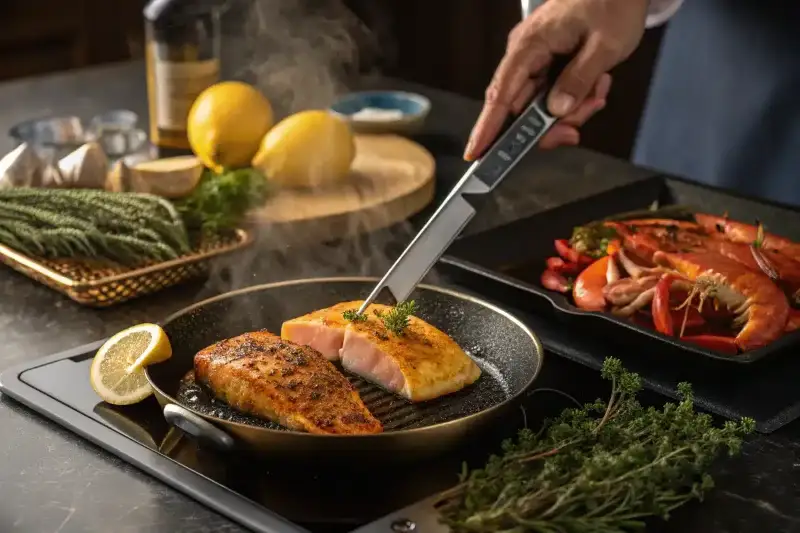 Professional chef’s hands preparing golden seafood: slicing salmon with a sharp knife, checking halibut temperature in a skillet, poaching shrimp in herb-infused broth, and grilling lobster. Tools include a digital thermometer, steaming basket, and seafood shears on a marble countertop.