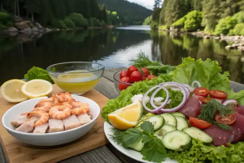 Fresh ingredients for making seafood salad in Dreamlight Valley
