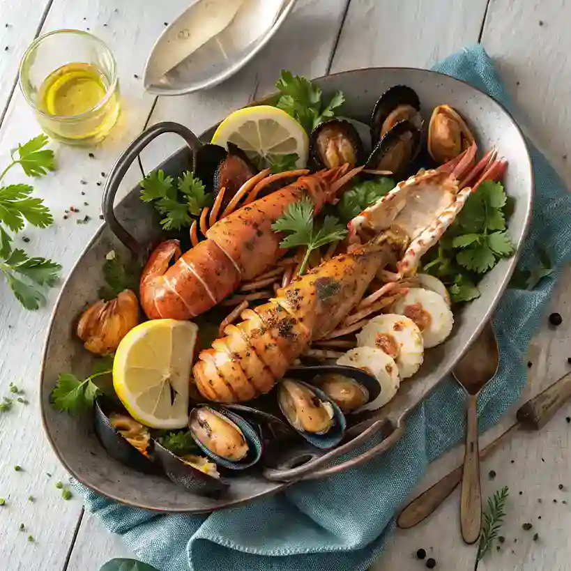 Gourmet seafood platter with lobster, prawns, mussels, and lemon