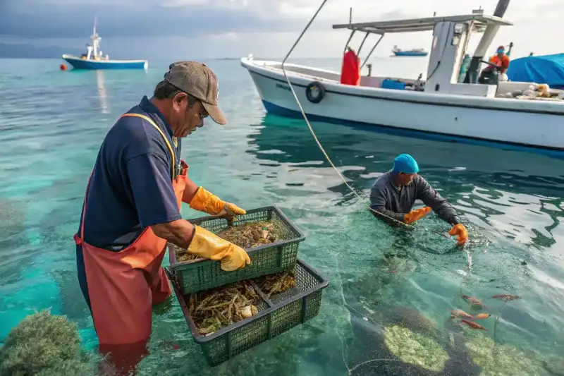 A sustainable deep-sea fishery where expert fishermen carefully select premium golden seafood. The scene features eco-friendly fishing boats on crystal-clear waters, surrounded by vibrant marine life. The freshly caught seafood is handled with precision, ensuring top-tier quality and sustainability.