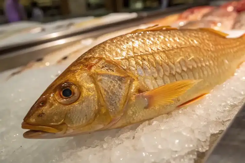 A close-up of a premium golden fish with shimmering scales under soft lighting, showcasing its firm and smooth texture. Water droplets enhance its freshness. The background features a high-end seafood market with marble counters and expert fishmongers selecting the finest catch.