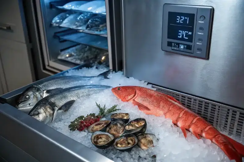 Fresh seafood, including salmon, lobster, and oysters, displayed inside a high-tech stainless steel refrigerator with a digital temperature display ranging from 32°F to 40°F. The scene is enhanced with ice crystals, frost effects, and cinematic lighting to emphasize cold preservation.