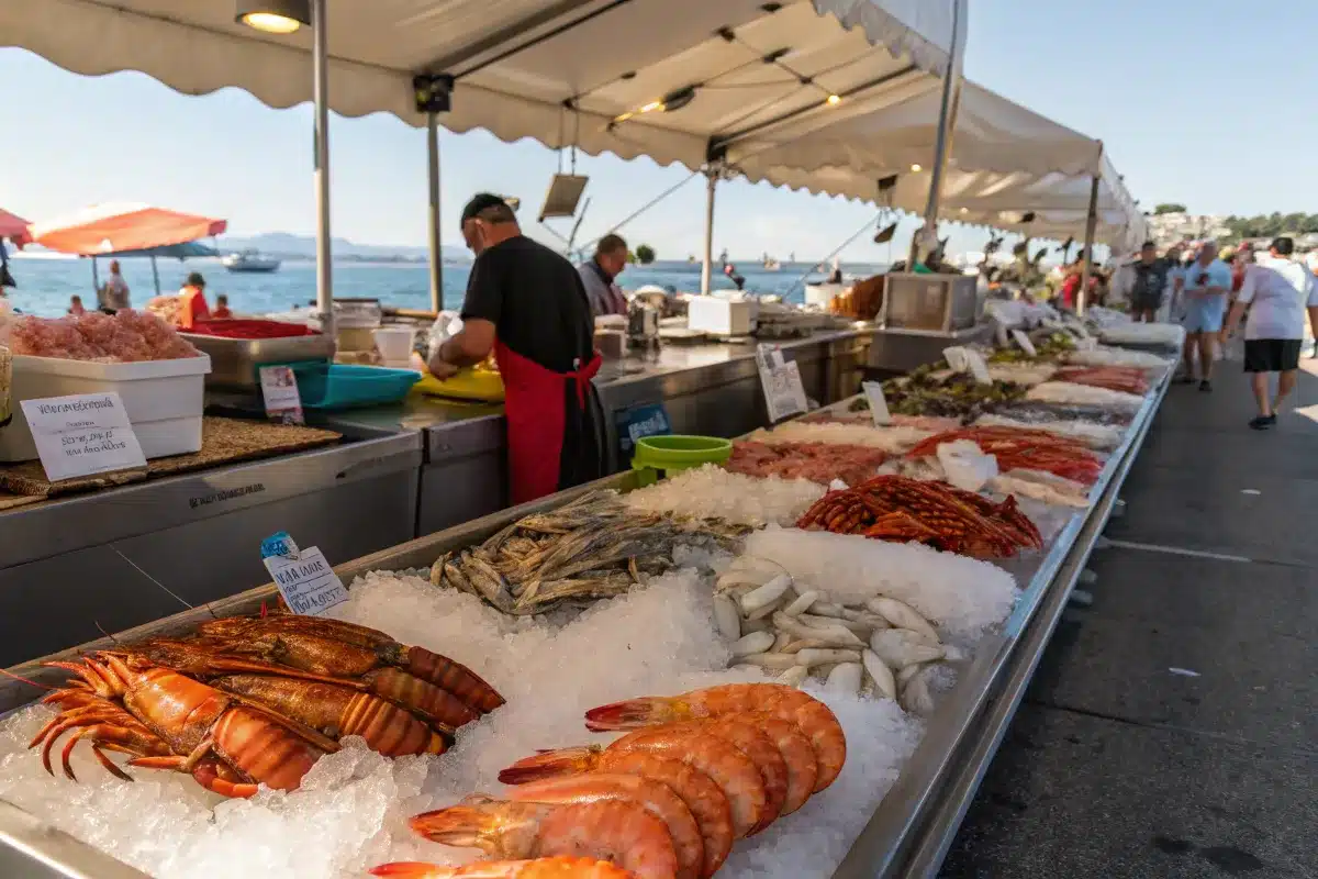 A beautifully arranged Mexican seafood feast on a rustic wooden table, featuring fish ceviche, Baja-style fish tacos, shrimp cocktail, and sizzling shrimp fajitas, garnished with lime wedges, cilantro, and colorful Mexican textiles.