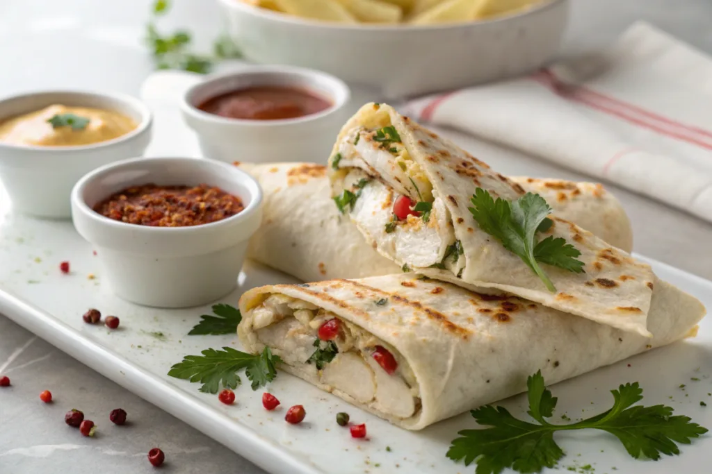 The Ultimate Guide to Cheesy Garlic Chicken Wraps 3 Diagonally sliced cheesy garlic chicken wraps with dipping sauces.