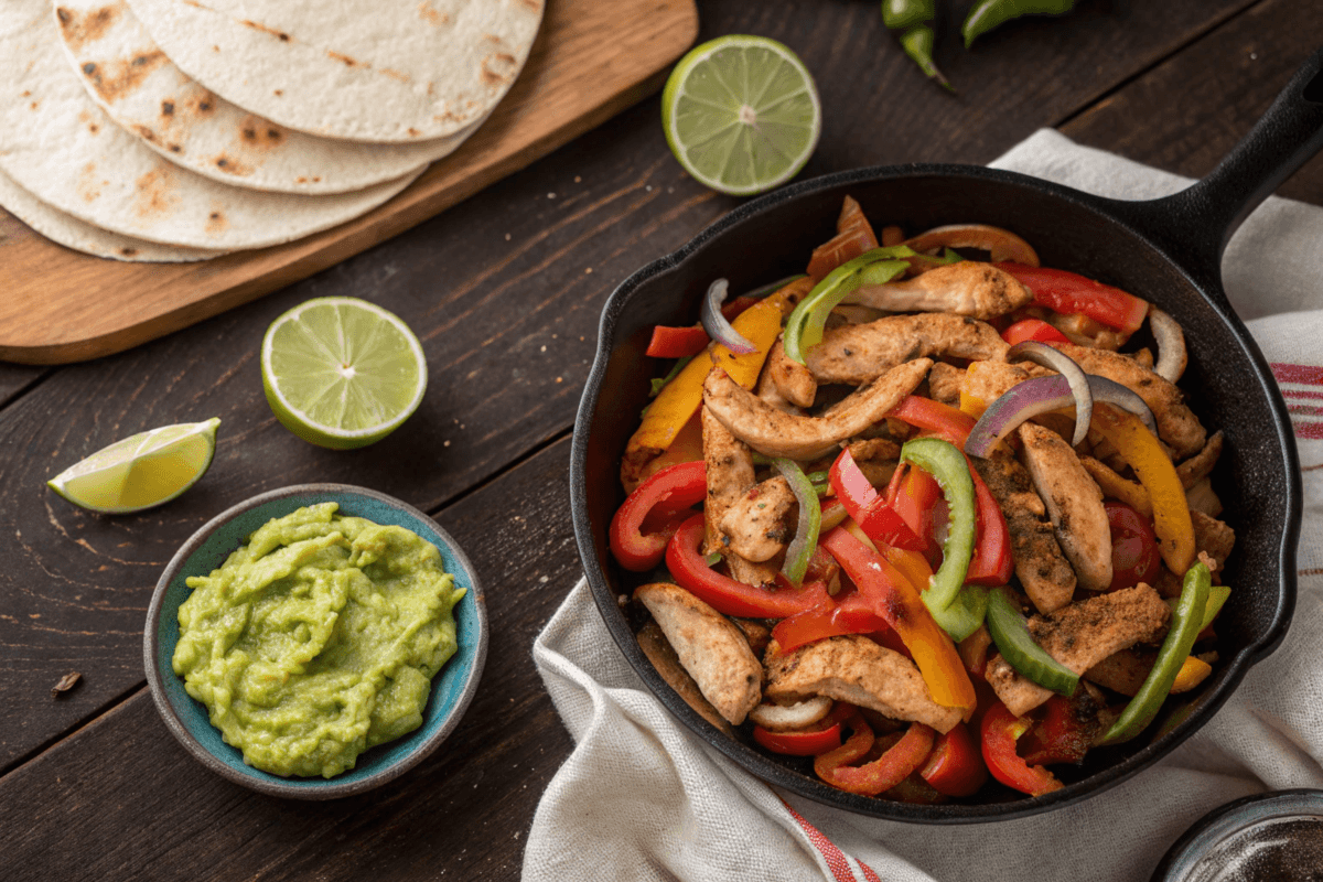 Sizzling fajitas de pollo with chicken, bell peppers, and onions served with lime and tortillas.