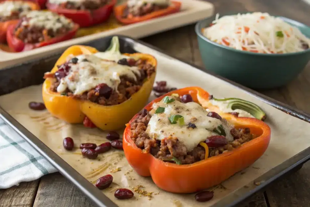 Bell peppers stuffed with leftover burger meat and bean mixture, topped with melted cheese, ready to be baked.