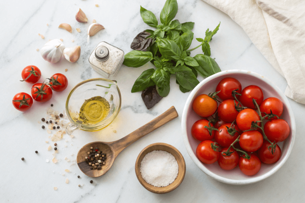 Blistered Tomatoes: A Simple Guide to Smoky, Sweet Perfection 2 Ingredients for blistered tomatoes on a marble countertop.