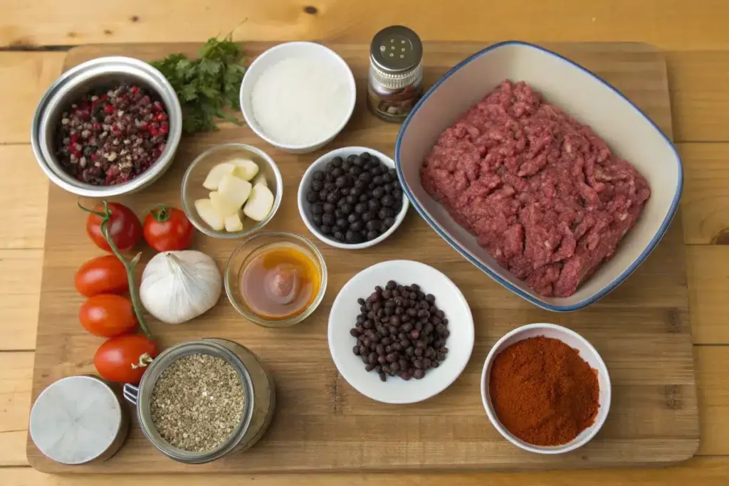 A top-down view of raw ground beef, canned beans, diced tomatoes, onions, garlic, and spices arranged on a wooden countertop.