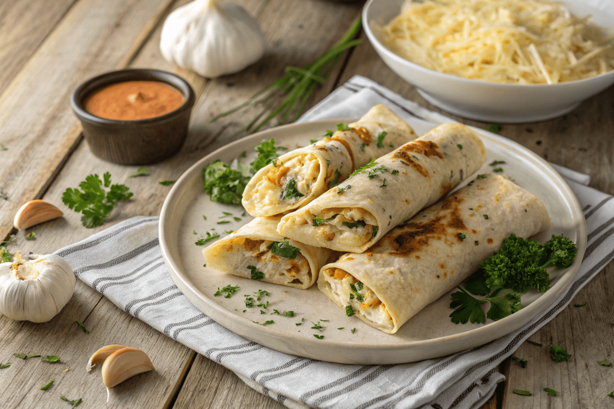 Cheesy garlic chicken wraps served on a rustic plate.