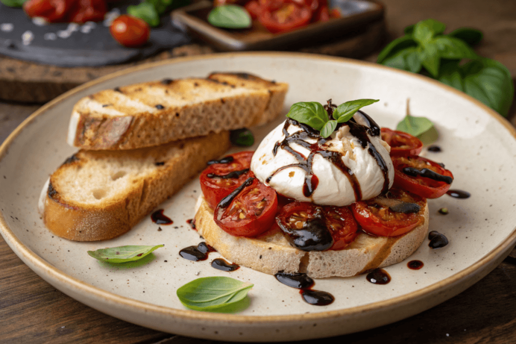 Blistered Tomatoes: A Simple Guide to Smoky, Sweet Perfection 3 Blistered tomatoes served with burrata and balsamic glaze.