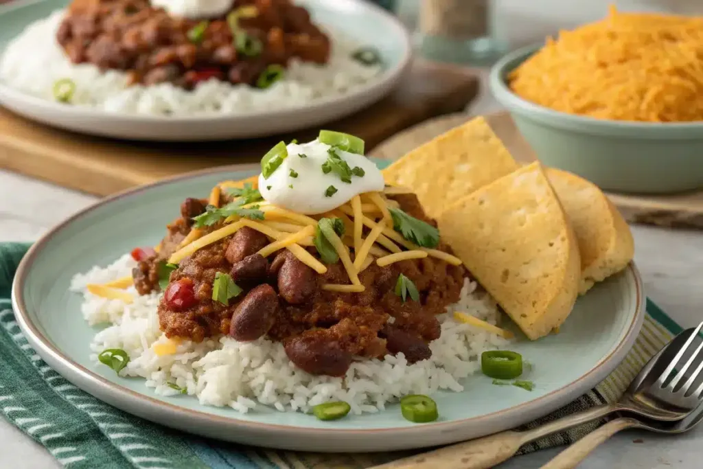 A plated portion of burger meat and bean crockpot dish over white rice, garnished with cheese, green onions, and sour cream, with cornbread on the side.