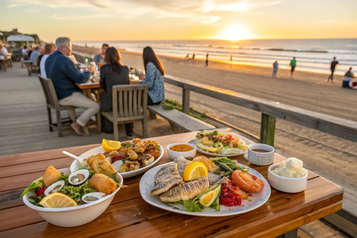 A table by the beach featuring fresh coastal food dishes
