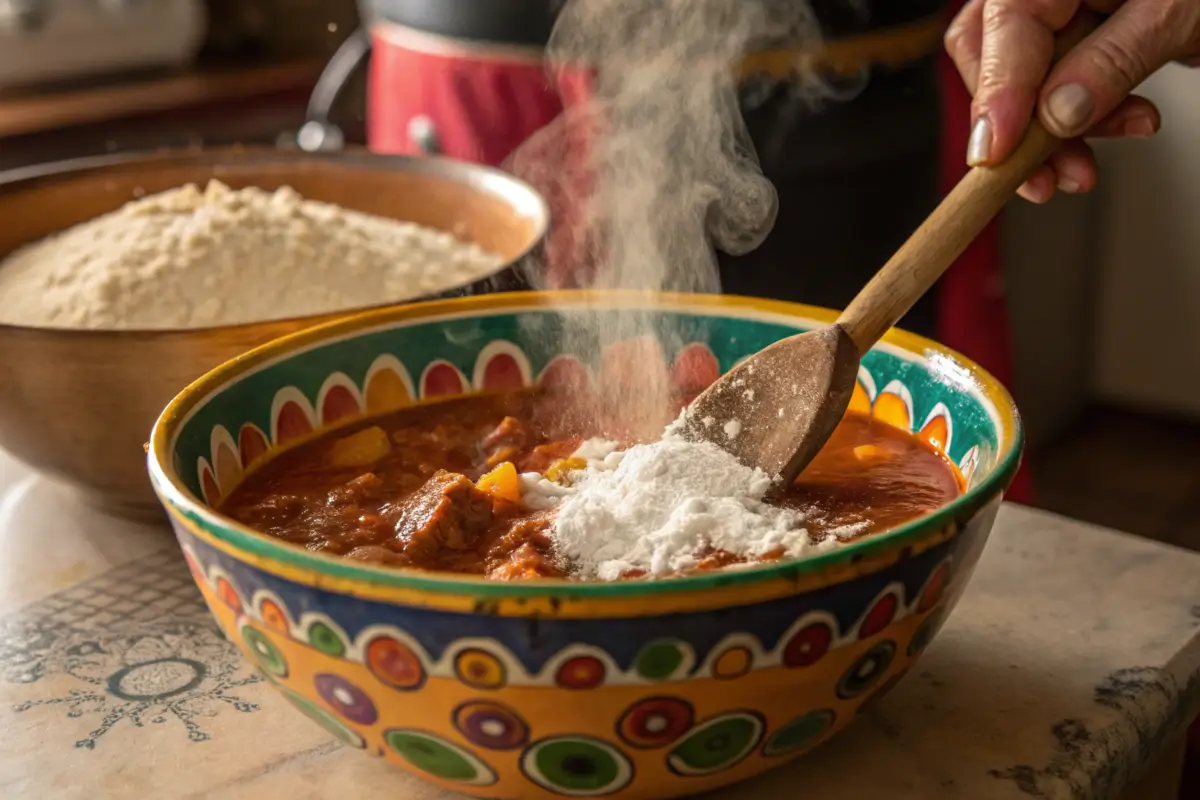 Gravy being thickened with arrowroot powder in a warm kitchen