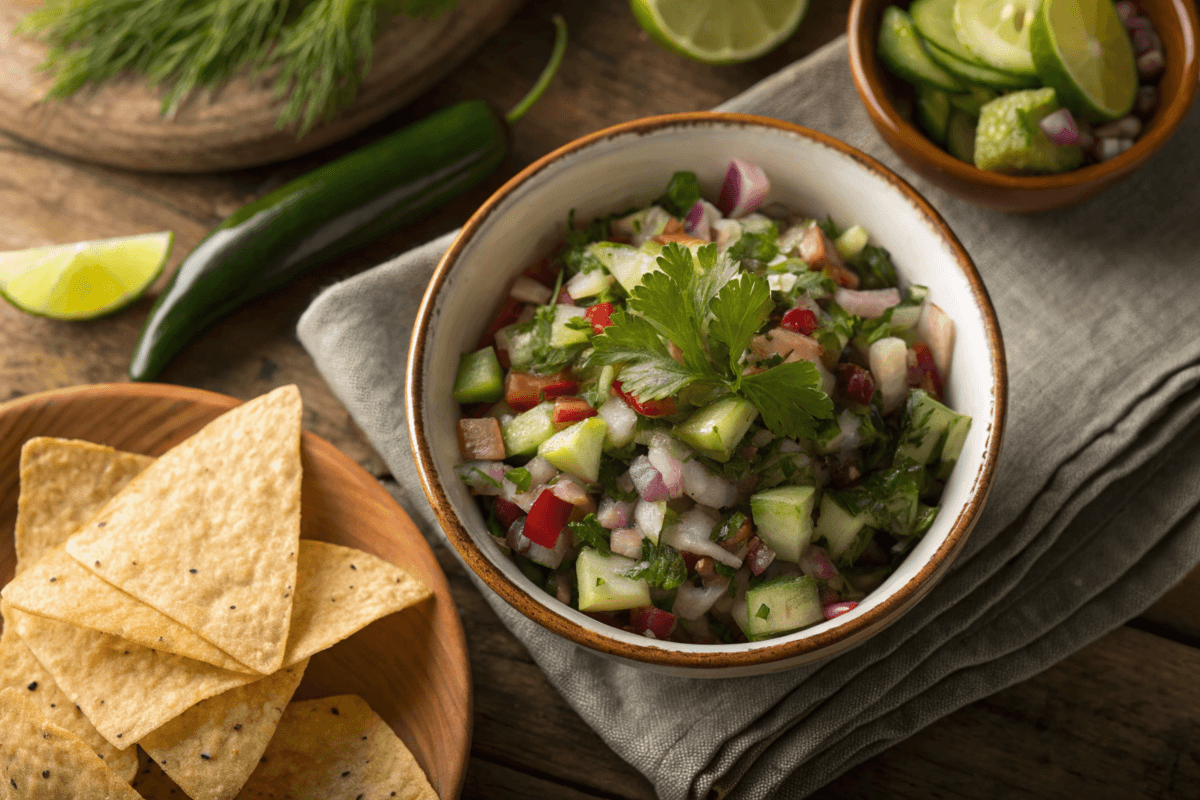 Bowl of pickle de gallo surrounded by tortilla chips.