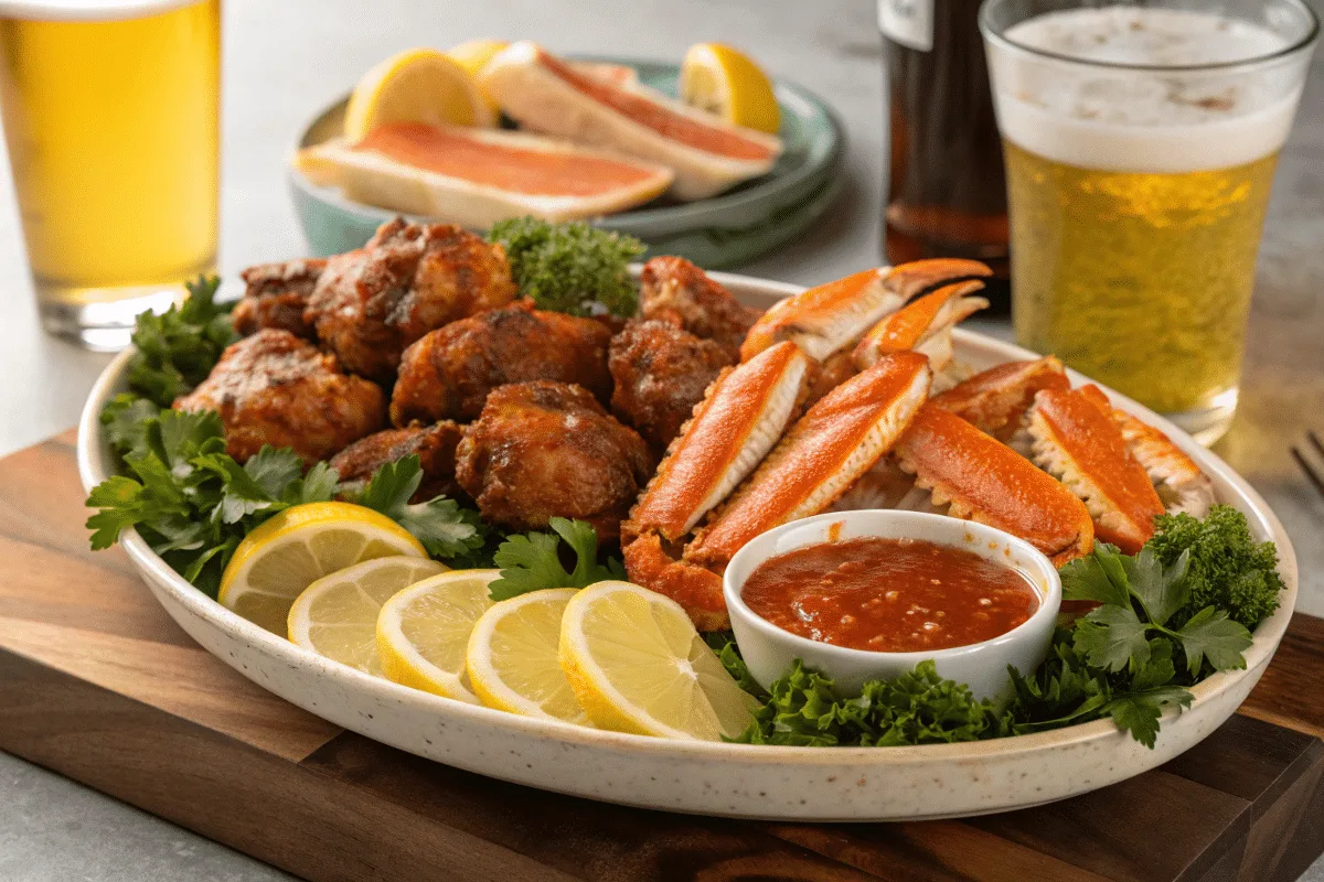 Wings & Seafood Delights: A Culinary Fusion 2 Crispy buffalo wings with steamed crab legs and spicy dipping sauce.