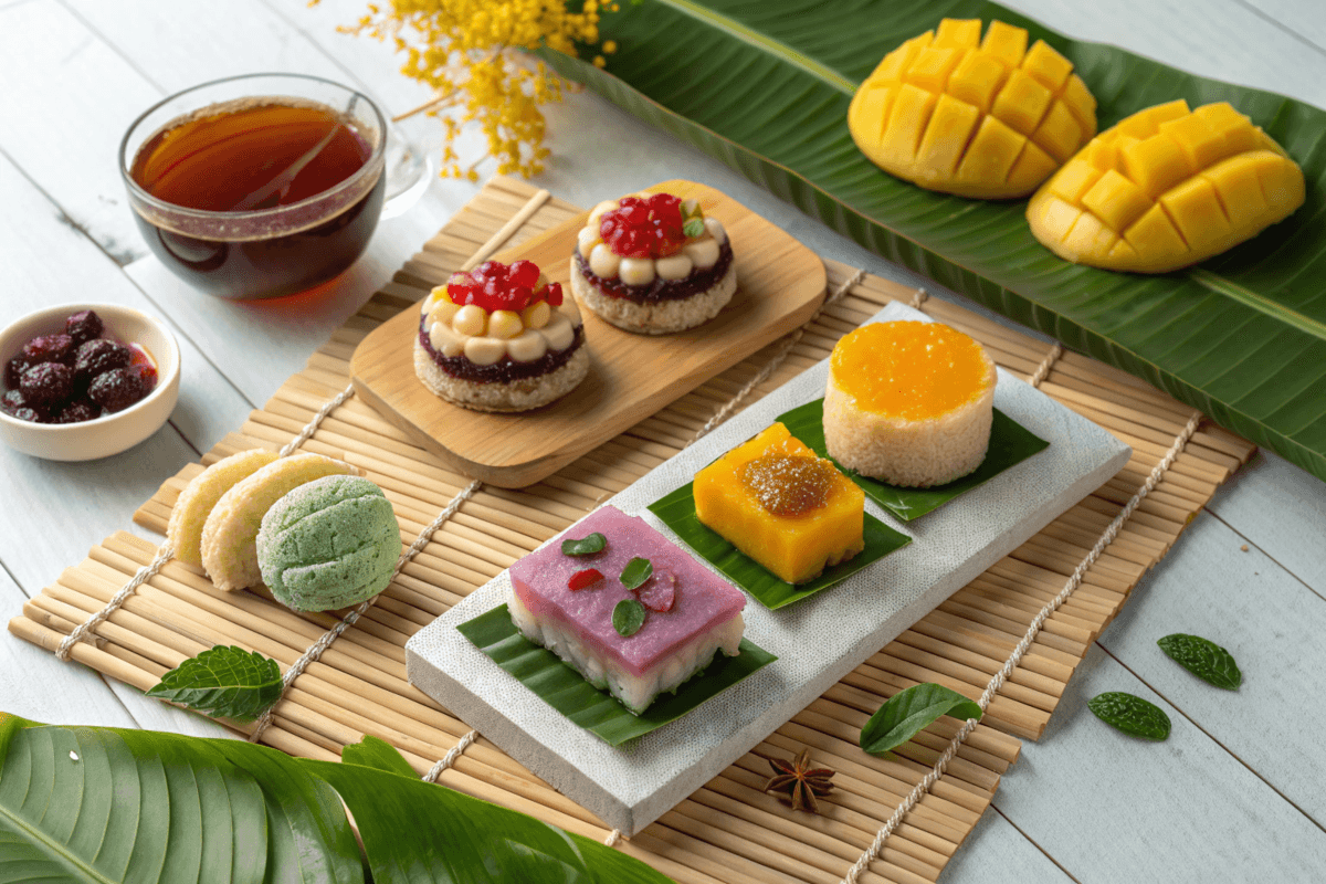 Assorted Asian desserts including mochi, mango sticky rice, and egg tarts