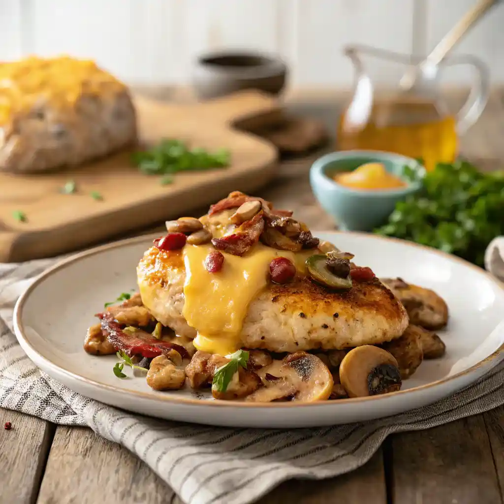 Alice Springs Chicken recipe plated with bacon and cheese