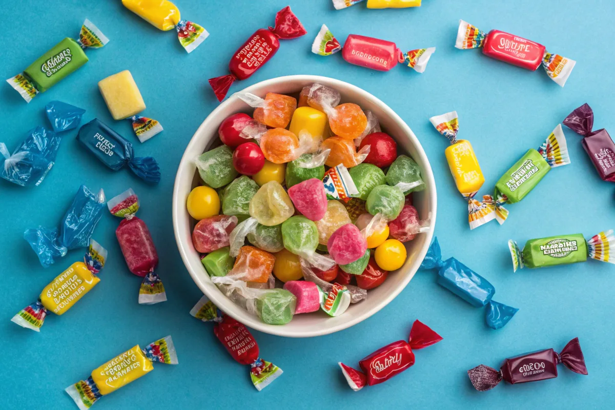 Exploring the Sweet and Sour World of Toxic Waste Candy: A Taste Adventure 3 Flat lay of Toxic Waste Candy with a mix of unwrapped candies and wrappers.