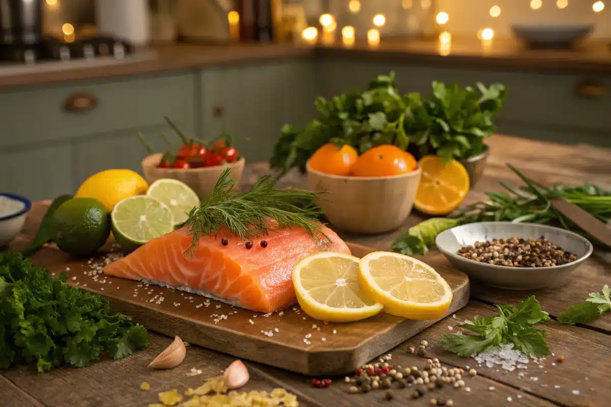 A variety of fresh seafood like salmon, shrimp, and cod with an assortment of vibrant spices, citrus fruits, and herbs on a rustic wooden table, highlighting the process of seasoning.