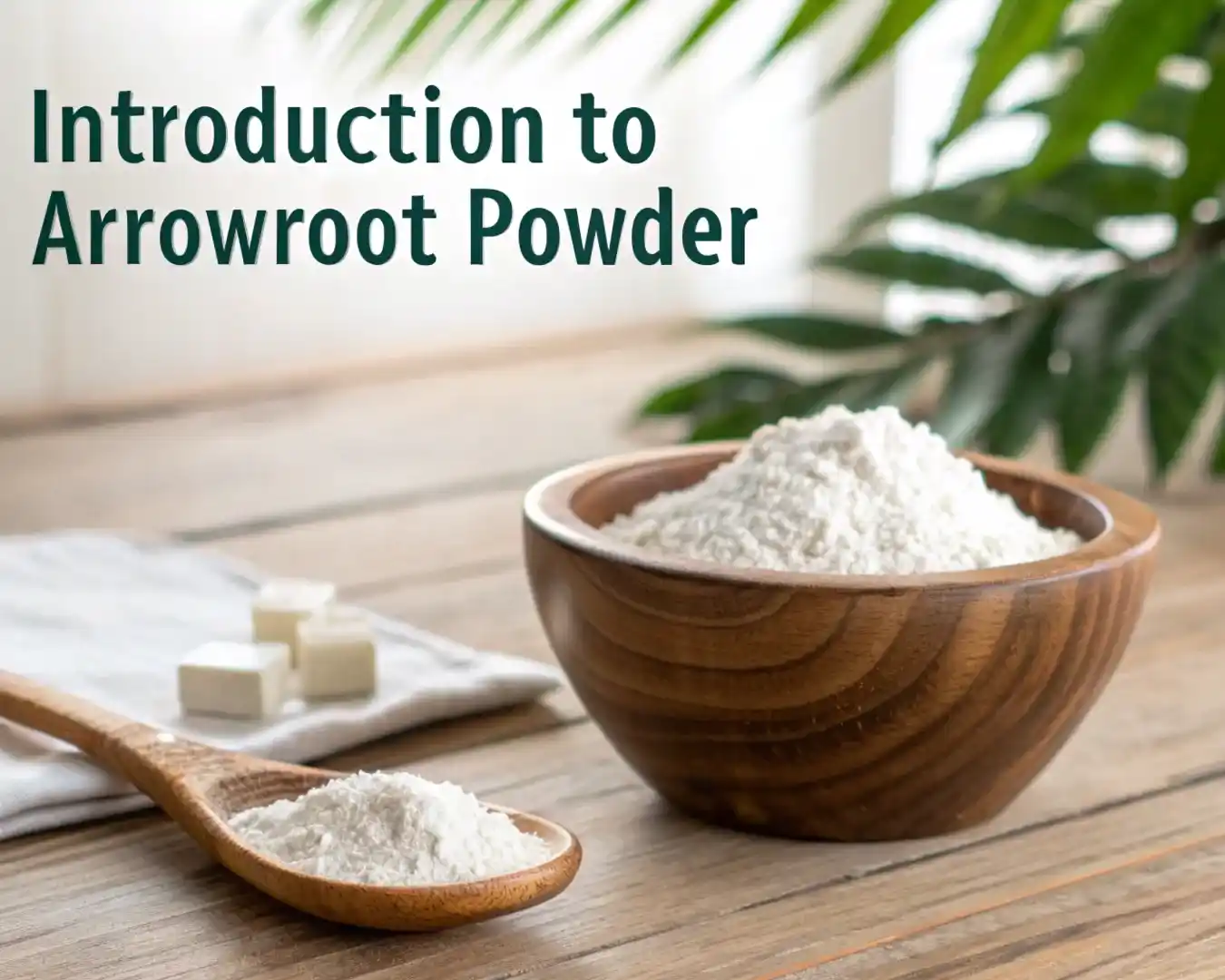 Arrowroot powder in a wooden bowl and spoon with tropical leaves background, text overlay: Introduction to Arrowroot Powder
