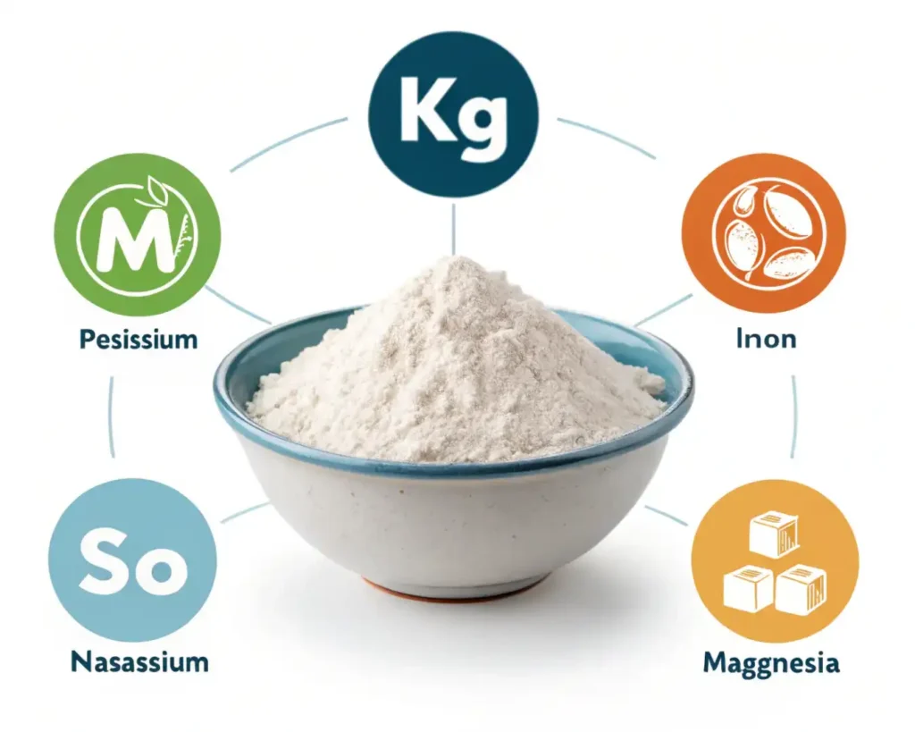 Arrowroot powder displayed with nutrient icons showing potassium, magnesium, and iron.