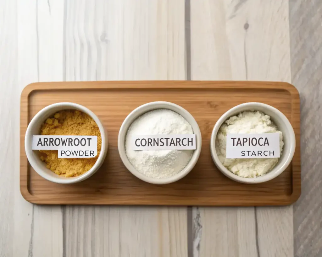 Comparison of arrowroot powder, cornstarch, and tapioca starch in bowls.