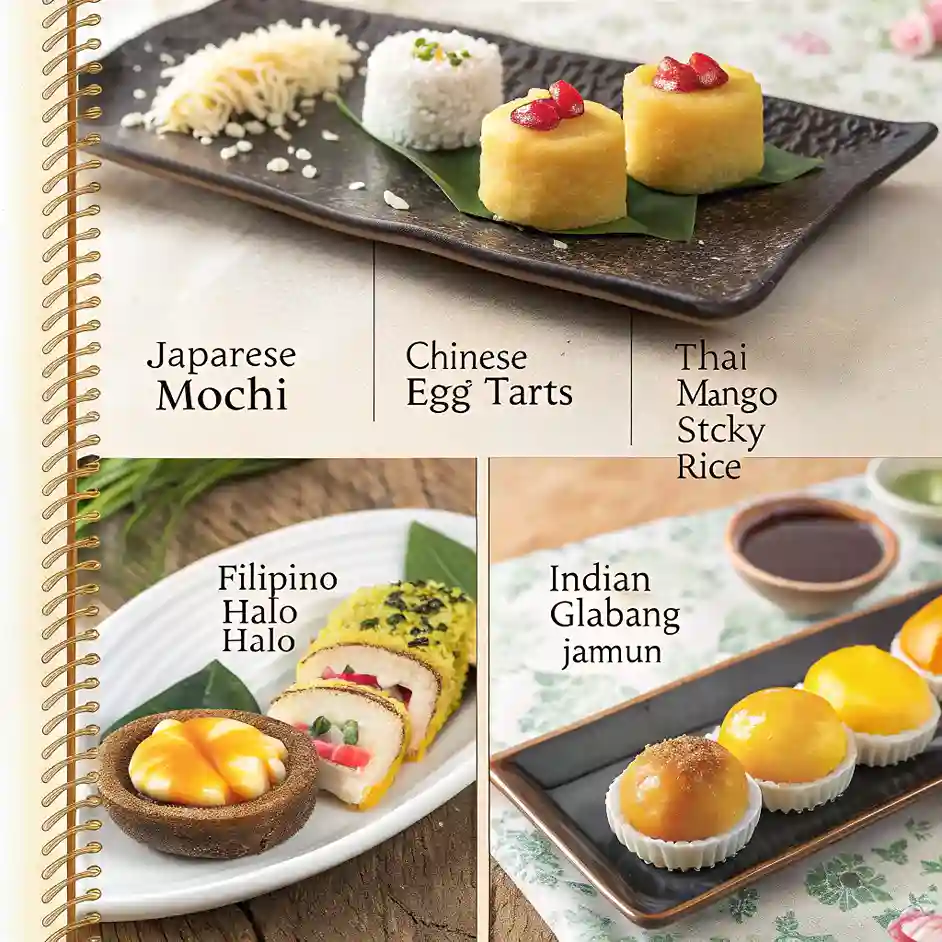 Exploring the World of Asian Desserts: A Sweet Culinary Adventure 3 Regional Asian desserts including mochi, egg tarts, mango sticky rice, halo halo, and gulab jamun styled with traditional plating