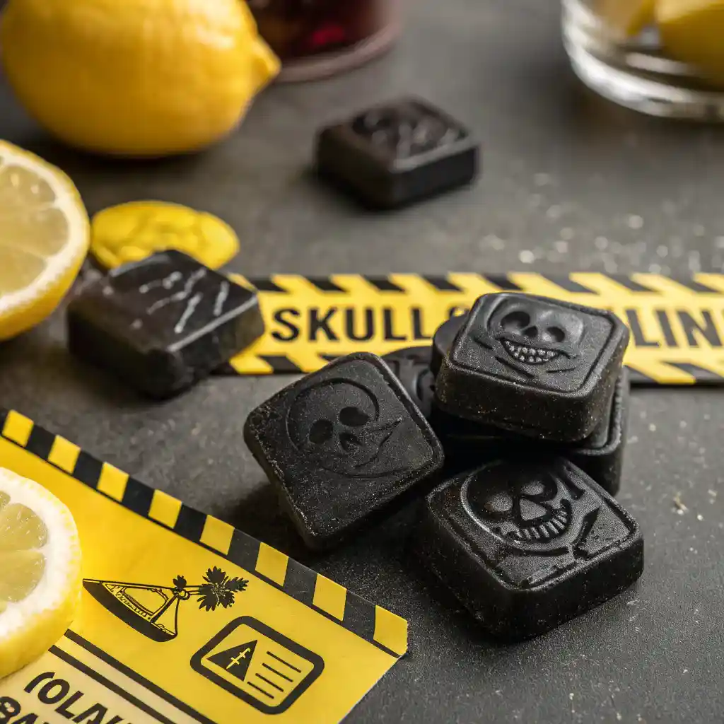 Black death sour candy on table with lemons