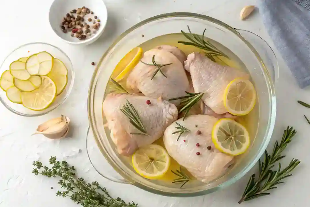 Chicken thighs submerged in brine with lemon, garlic, and rosemary.