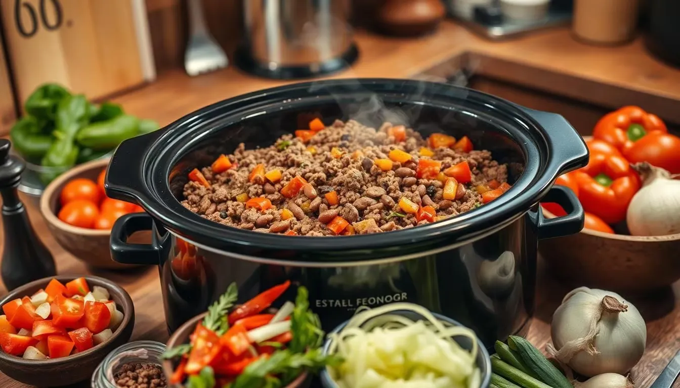 A steaming bowl of burger meat and bean crockpot dish, garnished with fresh cilantro and sour cream, served on a rustic wooden table.