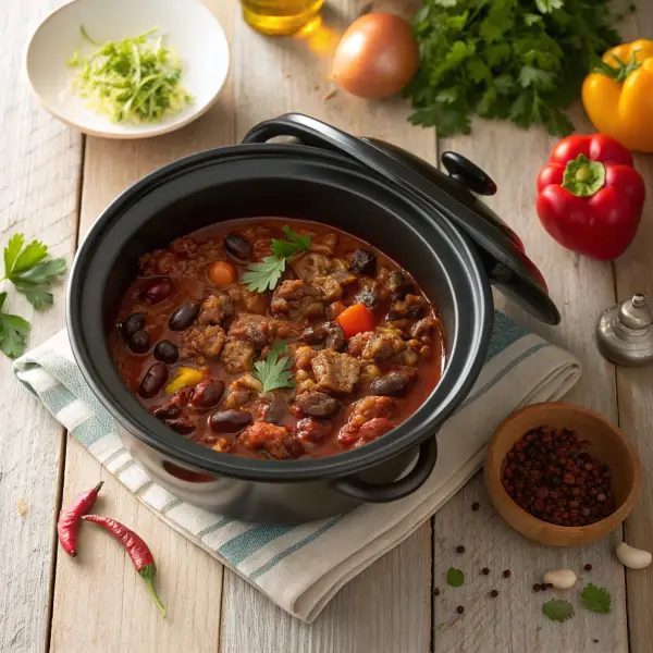 Burger meat and bean crockpot with kidney, black, and pinto beans garnished with fresh herbs.