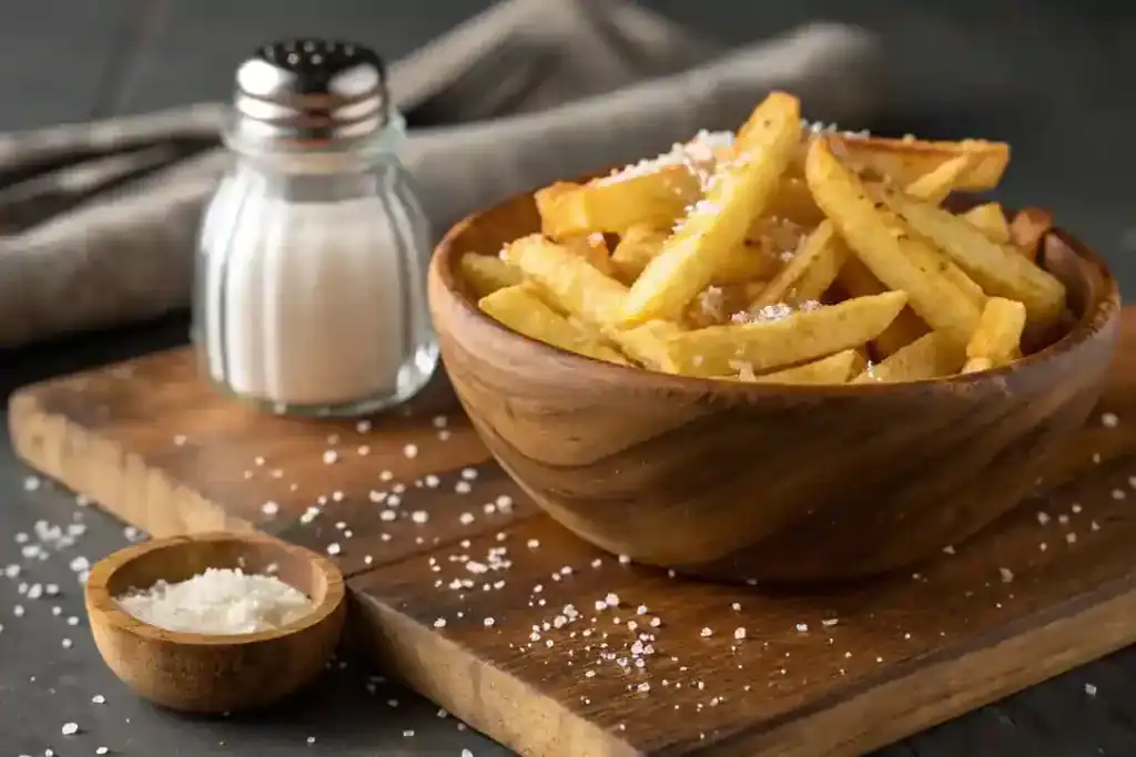 Crispy fries seasoned with homemade chicken salt.