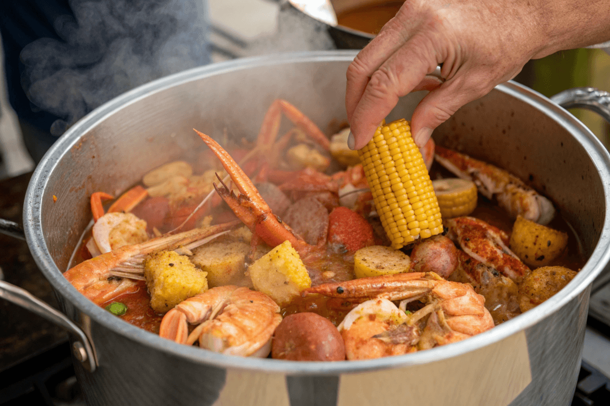 Seafood broil simmering in a pot with Old Bay seasoning.