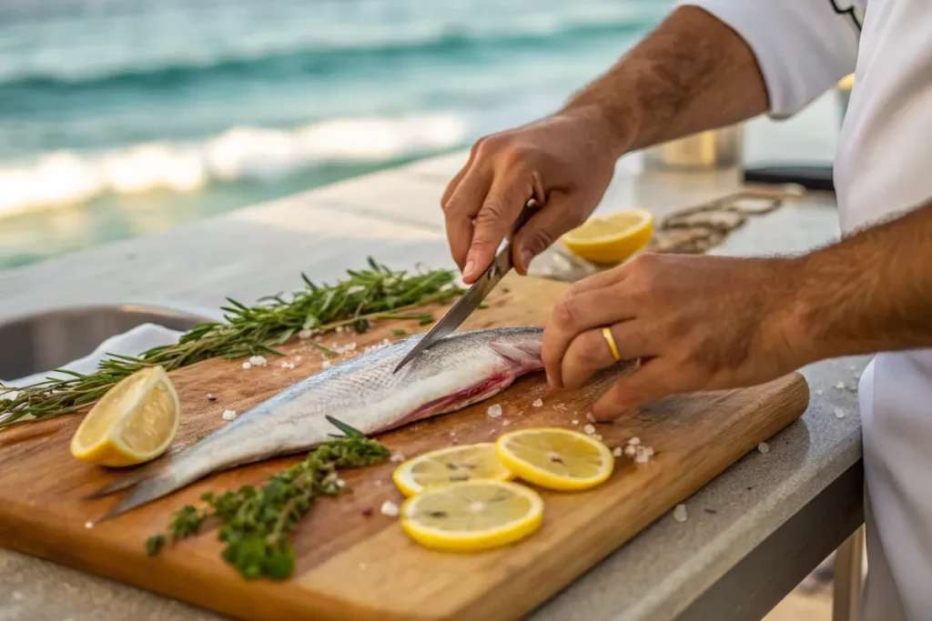 Eat fresh coastal food 3 Chef preparing fresh coastal food with just-caught fish