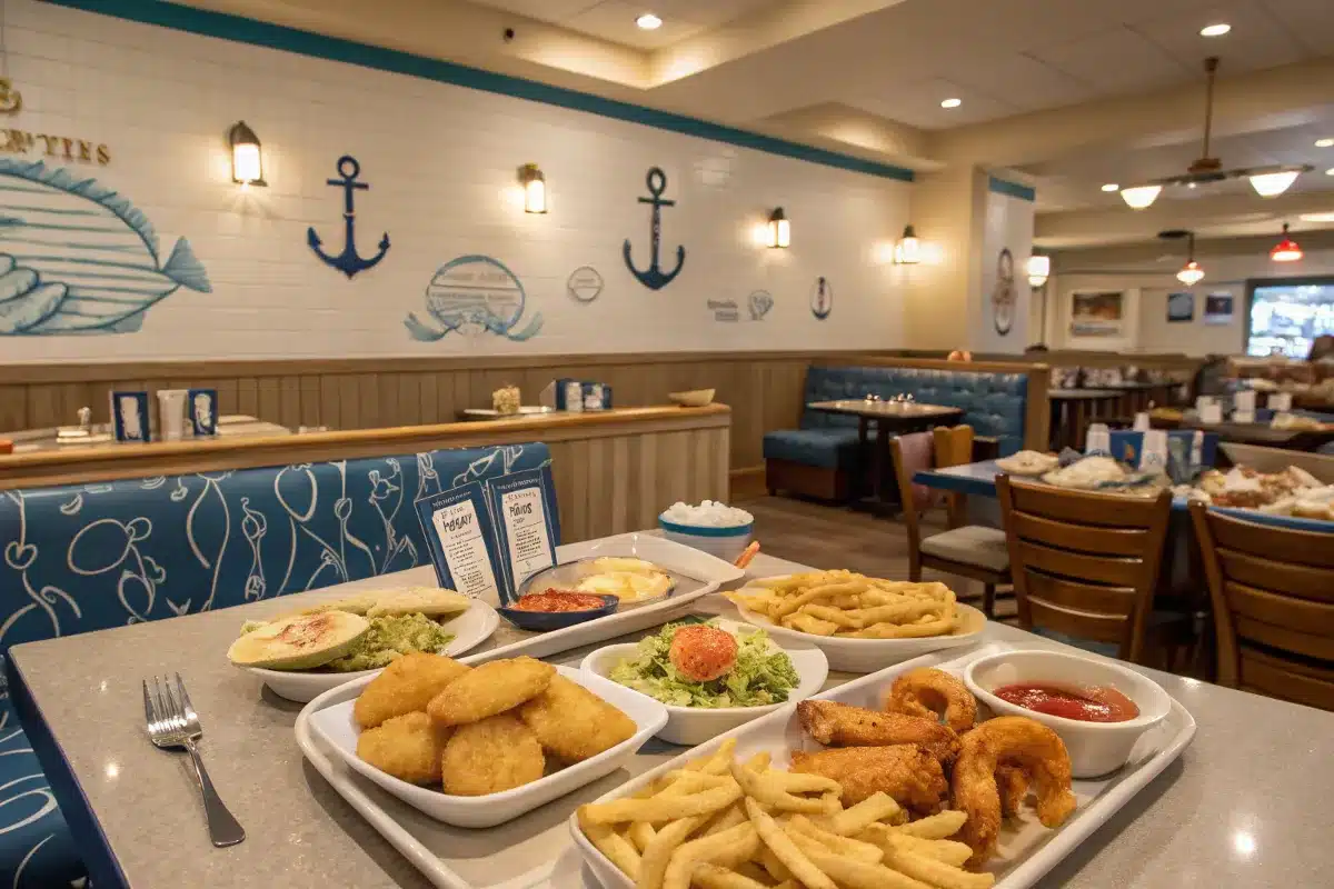 A cozy seafood restaurant scene featuring fish and chips, shrimp platters, and nautical décor at Captain D’s.