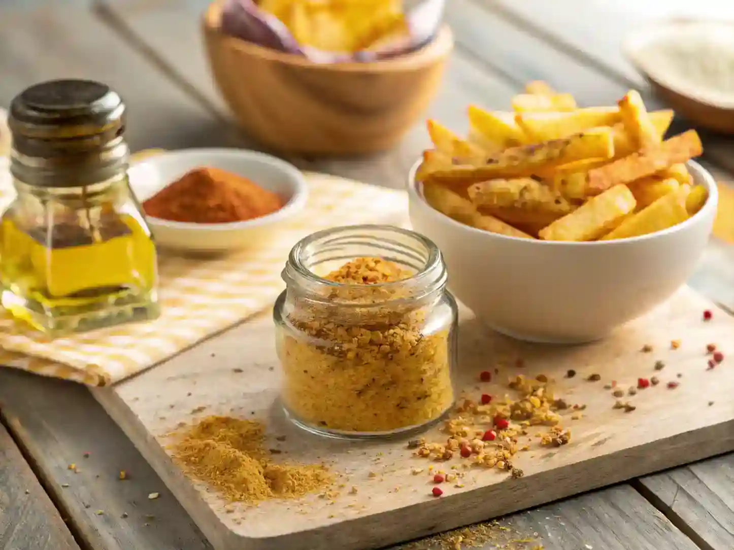Homemade chicken salt seasoning with fries.