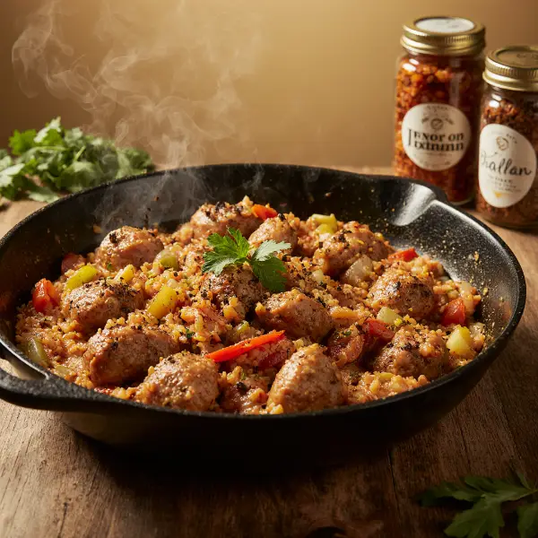 Fresh Cajun chicken and sausage jambalaya with colorful peppers and bold Southern spices