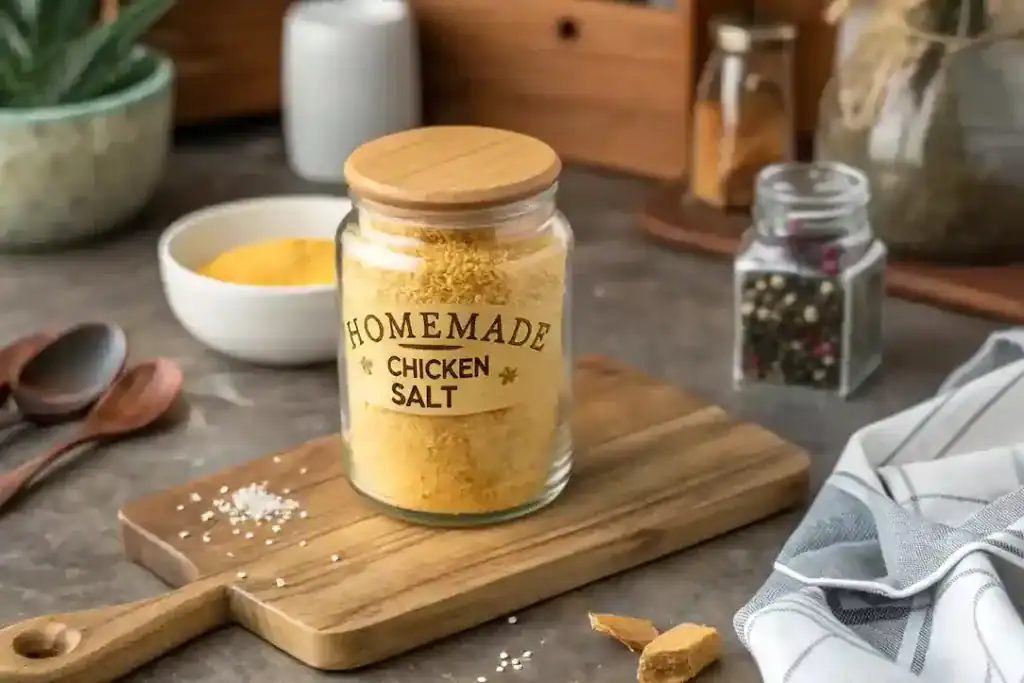 Homemade chicken salt stored in a spice jar.
