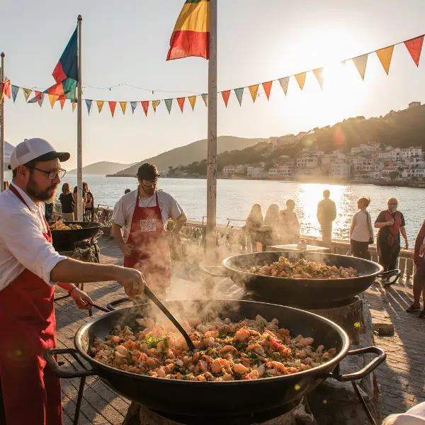 Chefs cooking seafood paella at a seaside market festival with colorful flags and coastal hills in the background.