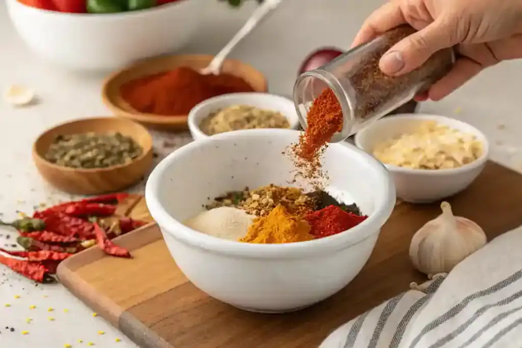 Spices being added to a bowl to make chicken salt.