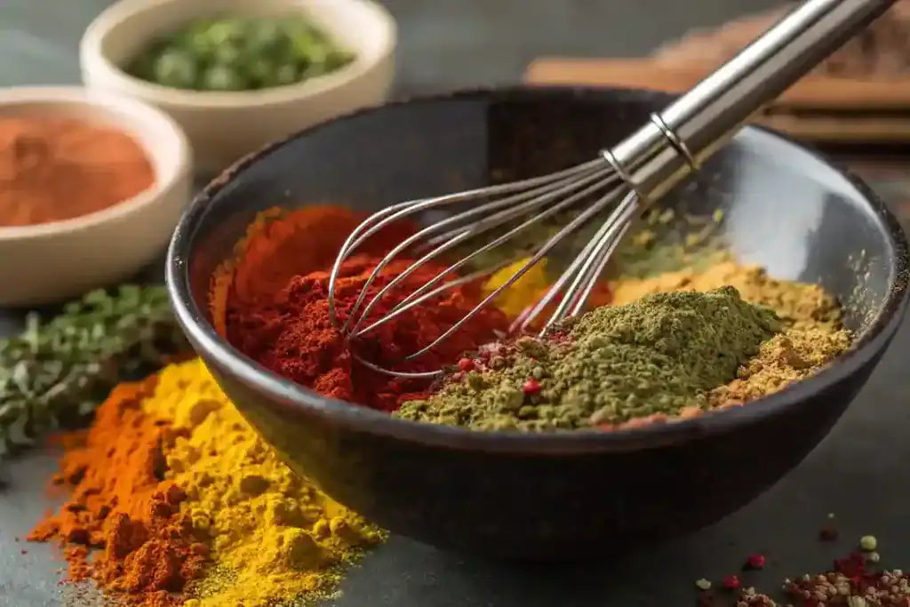 Whisking and sifting chicken salt for an even texture.