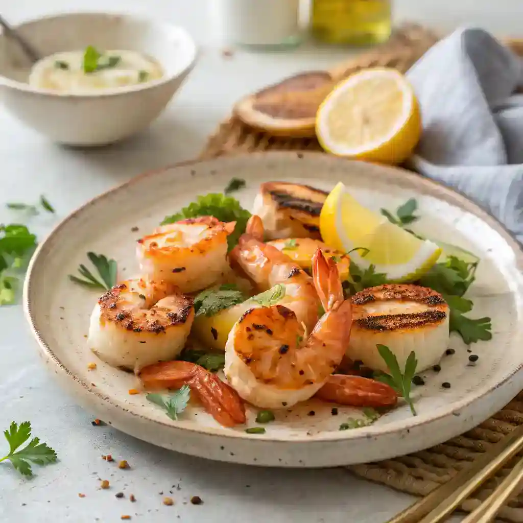Plated seafood recipe with shrimp, scallops, and lemon