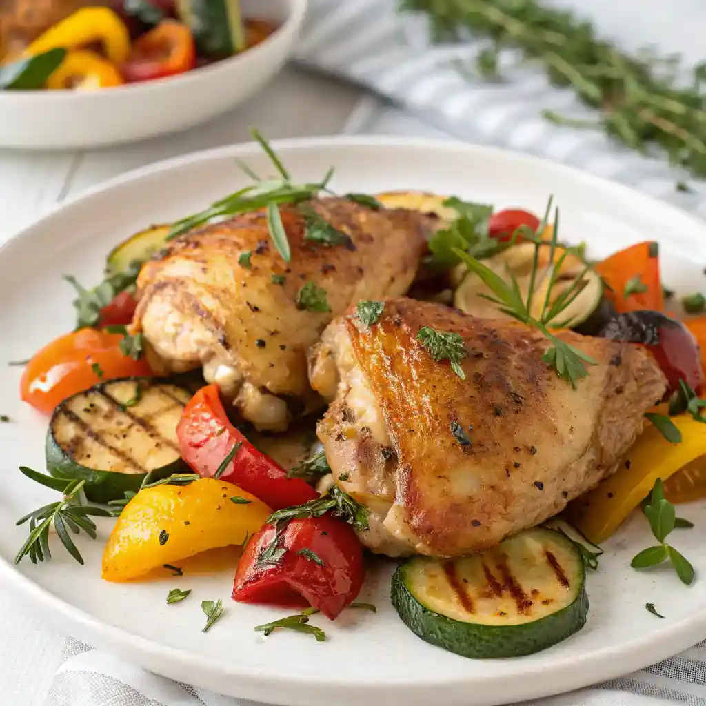 serving brined chicken thighs with vegetables