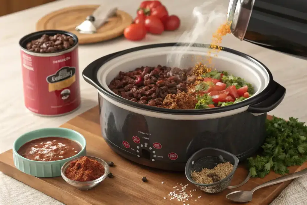 A wooden spoon stirring a crockpot filled with simmering ground beef, beans, tomatoes, and spices, releasing rich aromas.
