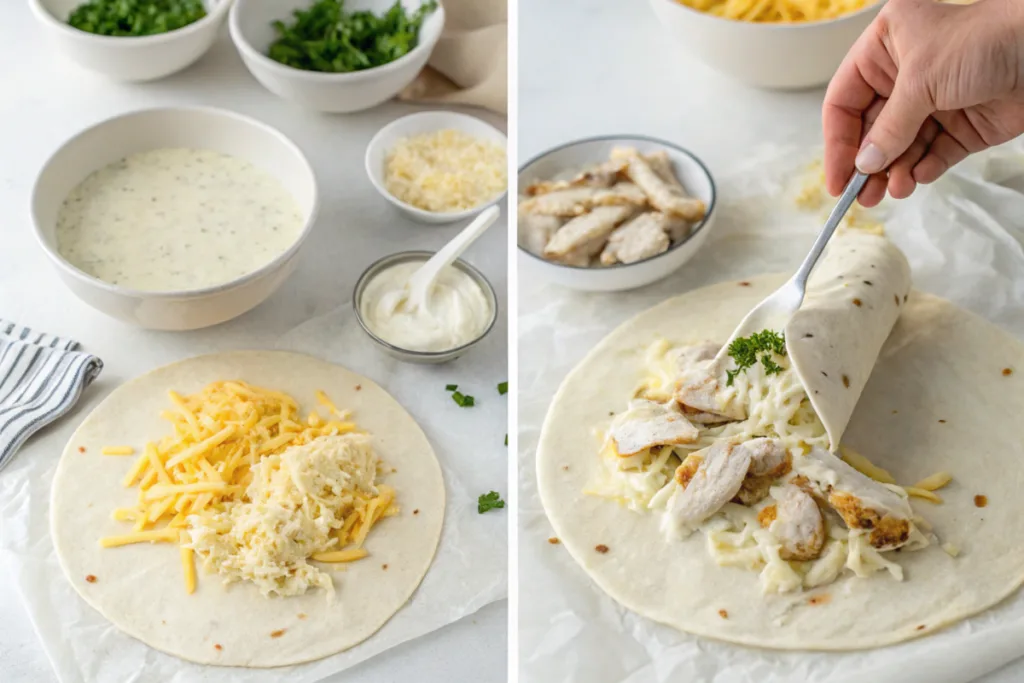 The Ultimate Guide to Cheesy Garlic Chicken Wraps 2 Step-by-step assembly of cheesy garlic chicken wraps.