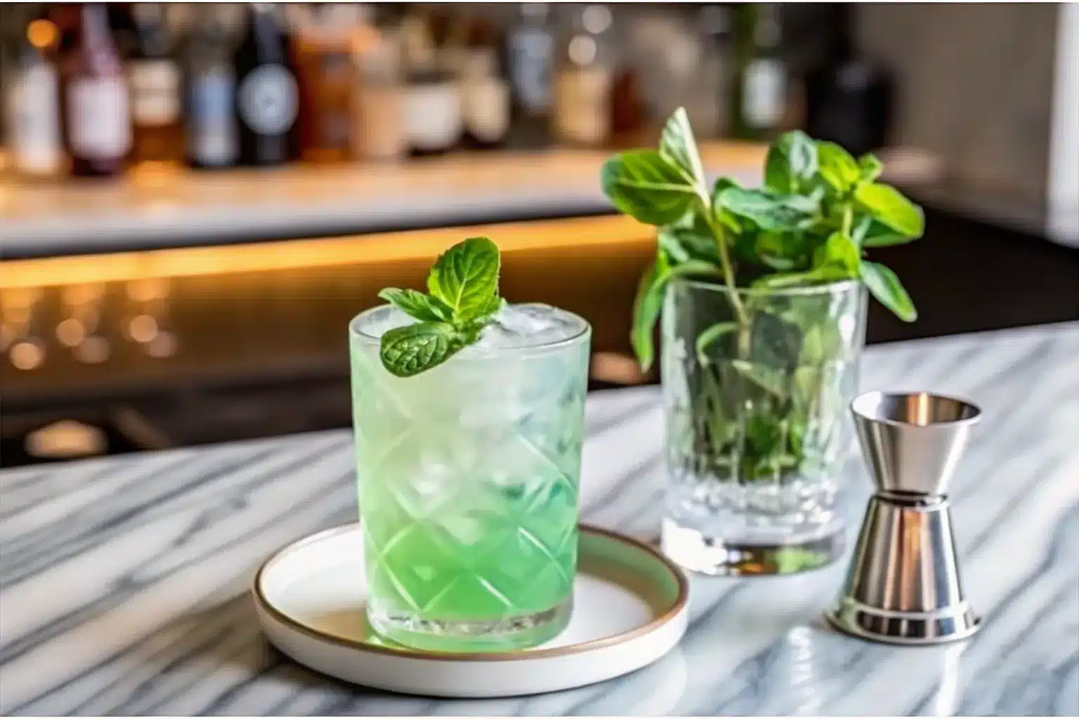 Iced mint cream drink in a clear glass with fresh mint garnish.