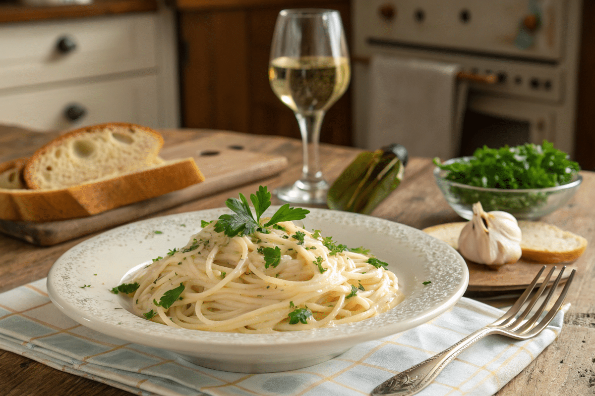 A plate of Alfredo spaghetti garnished with parsley.